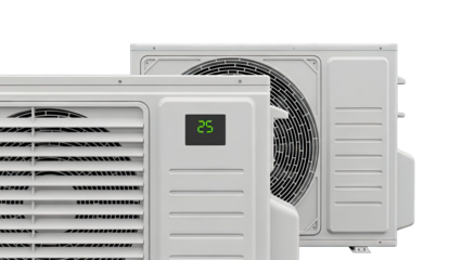 Split air conditioning units, digital display showing 25 degrees