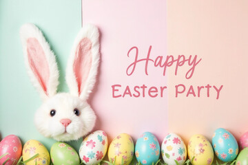 Easter party concept. Top view of easter bunny ears and colorful eggs on pastel background with the text.