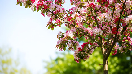 Blooming tree with pink flowers against a clear blue sky in spring  