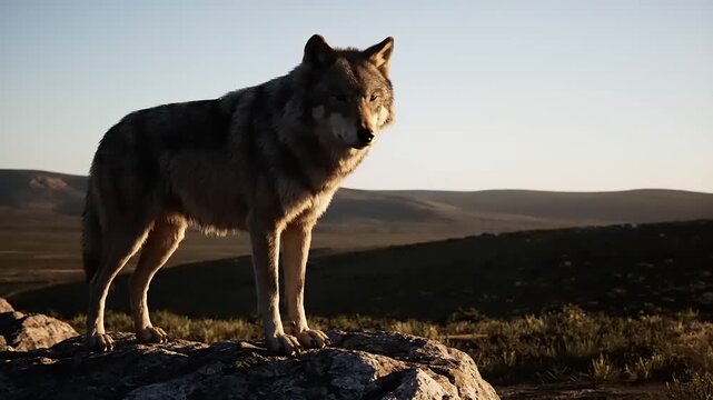 A majestic gray wolf stands proudly on a sunlit rock, overlooking a vast wilderness landscape at golden hour, embodying strength and untamed beauty
