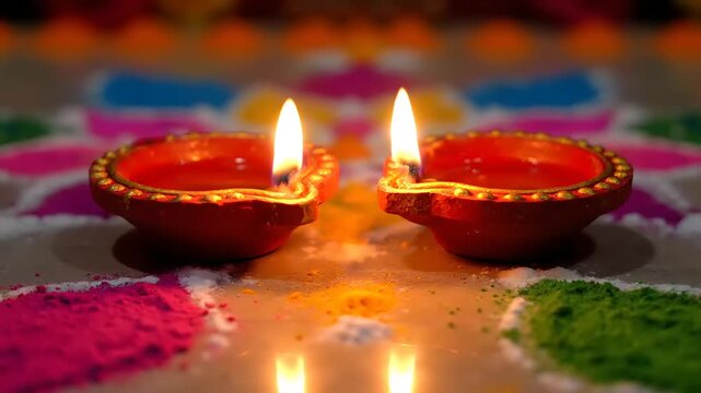 Diwali Oil Lamps Glowing Brightly Amidst Colorful Rangoli Powder Decoration, Symbolizing Light and Celebration