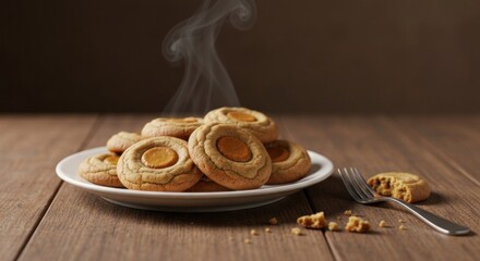 A plate of freshly baked, round, caramel-filled cookies, with steam, on a wooden table