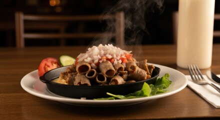 A platter of cooked meat rolls with toppings, garnishes, and a beverage