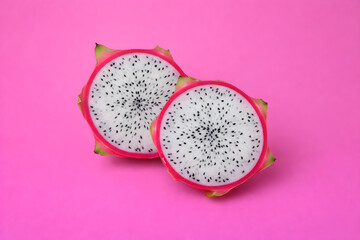 Fresh dragon fruit slices display vibrant pink skin and white flesh with tiny black seeds, creating striking contrast against pink background