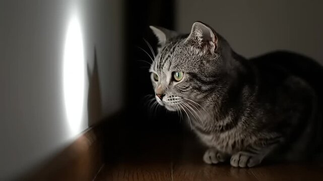 A sleek tabby cat, with a curious and focused gaze, watches a bright, vertical beam of light illuminate a dark room, highlighting its natural instinct and quiet observation