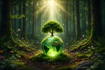 Vibrant globe with tree symbolizes environmental harmony, surrounded by lush greenery and blooming flowers in serene forest