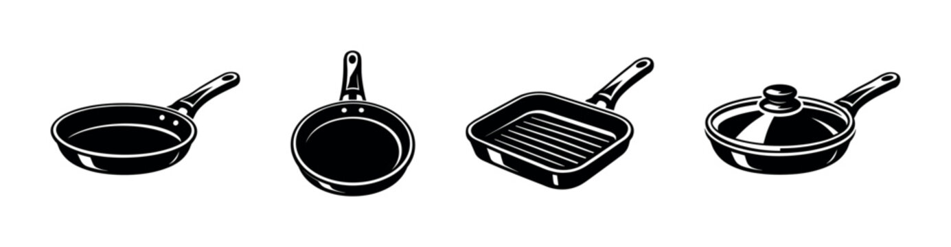 Cookware vector icons set: frying pan, skillet, grill pan, saucepan