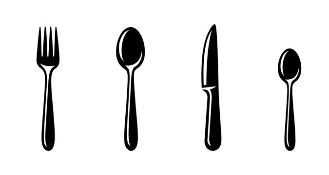 Kitchen utensils vector icons set: spoon, fork, knife silhouettes for dining