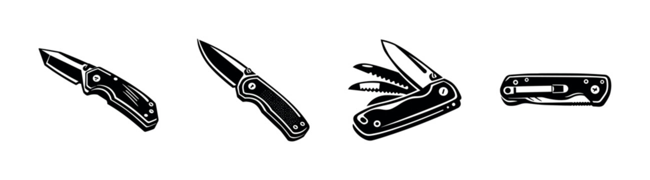 Pocket knives vector icons set. folding, tactical, multitool collection. outdoor essentials.