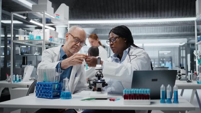 Lab analytical chemists working together, investigating liquid polymer properties in test tube. African american woman and elderly coworker test new synthetic material viscosity in lab, camera A
