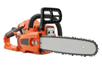 pin-sharp focus on the razor-sharp chain teeth and weathered silver guide bar of a professional orange chainsaw, dramatically rim-lit on a transparent backdrop. Concept for heavy duty equipment