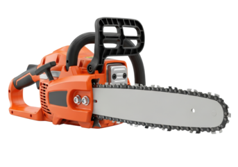 pin-sharp focus on the razor-sharp chain teeth and weathered silver guide bar of a professional orange chainsaw, dramatically rim-lit on a transparent backdrop. Concept for heavy duty equipment