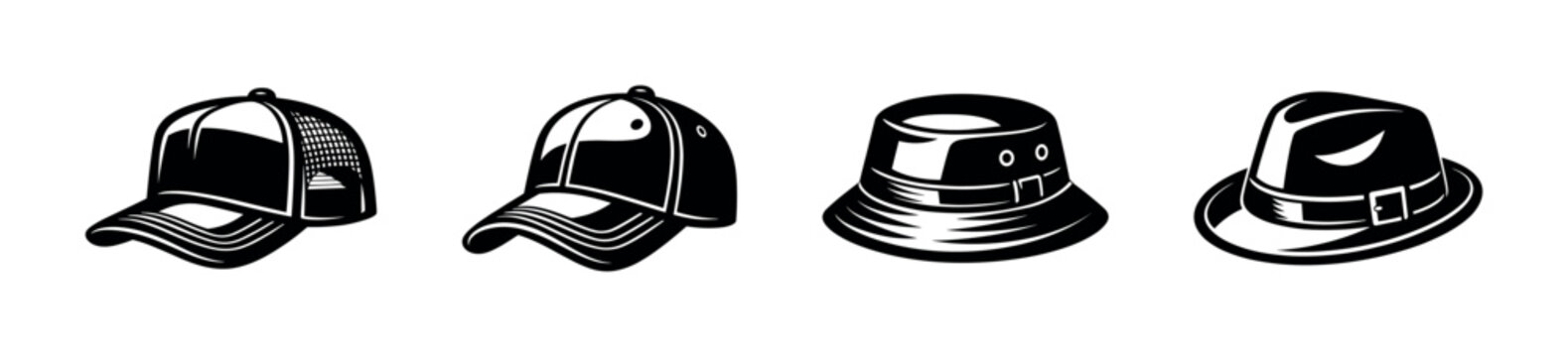 Hat vector icons set: baseball cap, bucket hat, fedora - stylish headwear collection