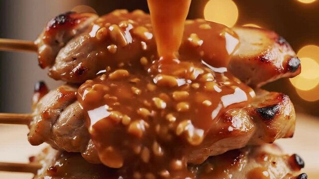 Sate Ayam Drizzled with Peanut Sauce Close Up. Indonesian Skewered Chicken on Wooden Skewers with bokeh on the background