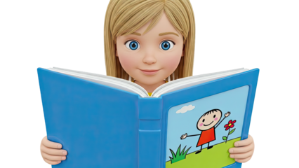 Cartoon Girl Reading a Book with a Drawing
