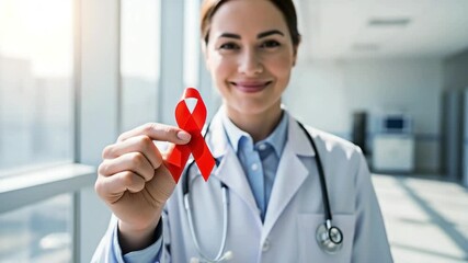 A doctor holding a red ribbon, for the concept of world aids day.