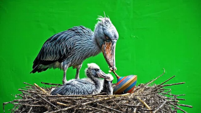 Shoebill Bird Adult Feeding Young Chick with Spinning Top Toy in Nest on Green Screen Background  Animal Behavior and Wildlife