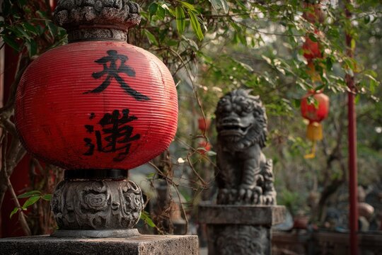 A vibrant red traditional paper lantern, adorned with striking black script, stands prominently in a serene outdoor setting. Its ornate base is crafted from weathered stone, mirroring the blurred guar