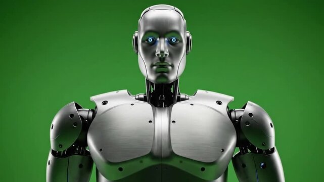 Silver Humanoid Robot Posing Confidently Against a Green Screen Backdrop in a Studio Setting Featuring Intricate Body Panel