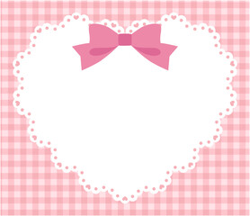 リボンがついたかわいいハートのレースフレームのベクターイラスト。ギンガムチェック	