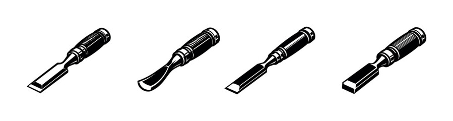 Woodworking tools vector icons set: chisels, hand tools in flat, solid style