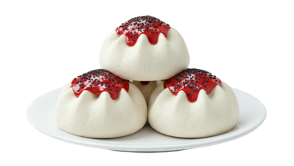 Three Sweet Buns with Red Glaze and Black Sesame Seeds on a Plate