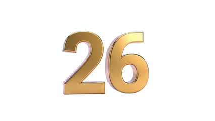 3D Golden Number 26 on transparent background