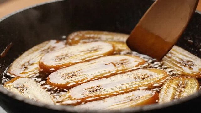 Slices of Banana Being Stir Fried in a Frying Pan with Wooden Spatula Caramelized Saba for Culinary Presentation and Food