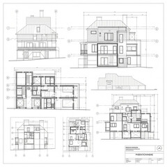 Fototapeta premium Architectural blueprints for a modern residential building, featuring detailed schematics of floor plans, elevations, and structural concepts