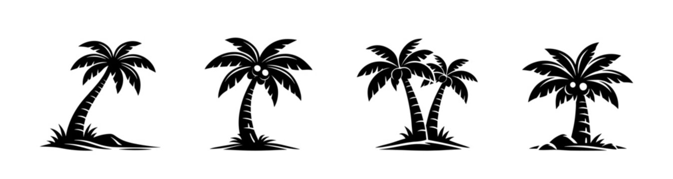 Vector icons set of tropical palm trees. silhouette collection of coconut palms.