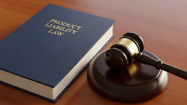 Product Liability Law book with wooden gavel on desk for legal consumer protection defective merchandise litigation and manufacturer responsibility accountability regulation