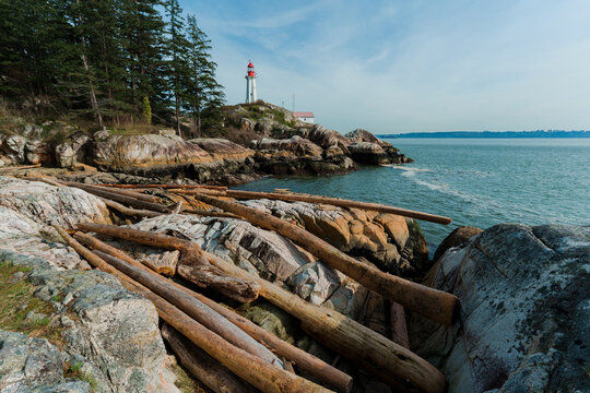 Scenic view of the Lighthous on Vancouver island in warm sunset light 