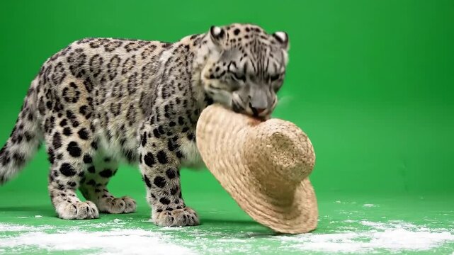 Snow Leopard Playing with Hat on Green Screen Background with Scattered Snowflakes  Indoor Studio Lighting Animal Antics and