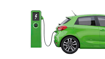 Green electric car charging at a charging station