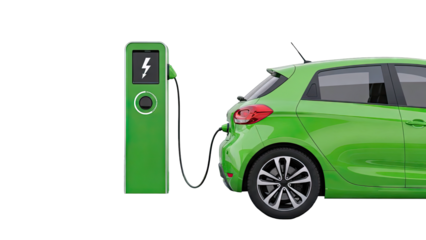 Green electric car charging at a charging station