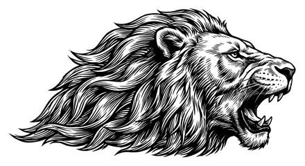 Majestic Lion's Roar: A detailed illustration captures the raw power and untamed spirit of the majestic lion, showcasing its impressive mane and open mouth in full roar.