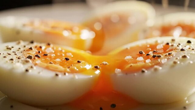 Soft Boiled Egg Halves Sprinkled with Sea Salt and Ground Black Pepper Culinary Close Up Culinary Still Life on a White Plate
