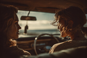 Two friends sharing a golden-hour moment inside a vintage car by the seaside, warm sunset light, candid road-trip conversation