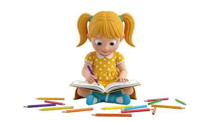 Cartoon Girl Drawing with Pencils