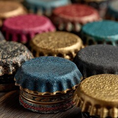 Close-up of various colored bottle caps, textured and arranged together