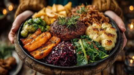 Hands hold a festive plate of roasted vegetables, meat substitute, and sides
