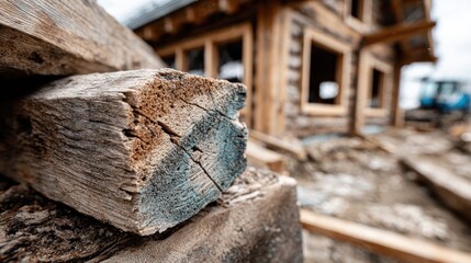 Close-up of weathered lumber, building a rustic wooden home, in progress