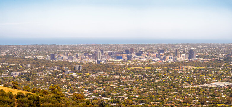 Aerial view of Adelaide, one of  Australian capital cities, by the ocean against clear sky, Adelaide, South Australia, Australia; the shot was taken from top of Mount Osmond. 