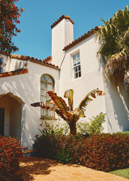 Charming Entrance of a Mediterranean-style Home With Lush Greenery