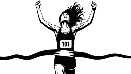 Woman runner crossing the finish line. Silhouette of athletic looking female runner running. Vector, JPEG version.