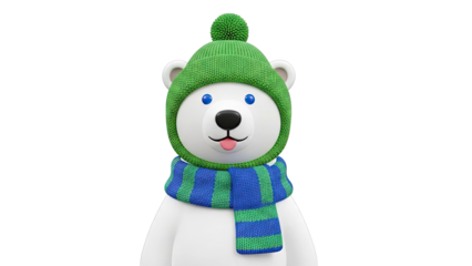 Cute polar bear wearing a green knitted hat and striped scarf