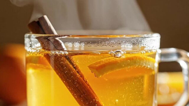 Steaming Orange Cinnamon Spice Infusion in Clear Glass Mug Display Warm Beverage Presentation for Festive Season Drink Recipe