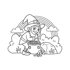 Fototapeta premium Leprechaun with Pot of Gold and Rainbow Coloring Page.