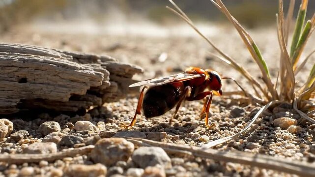 Close up macro shot of orange and black solitary wasp crawling on dry desert ground
