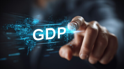 Business concept image man touching button representing GDP with digital world map in background, showcasing economic growth and data analysis